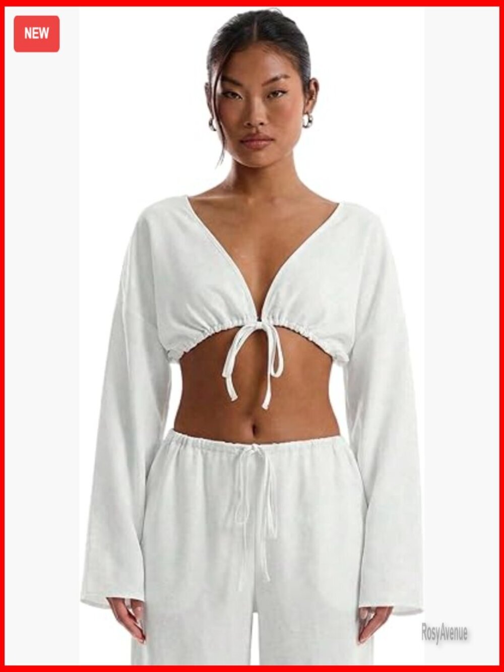 Tie Front Long Sleeve Loose Crop Blouse Deep V Neck Beach Top